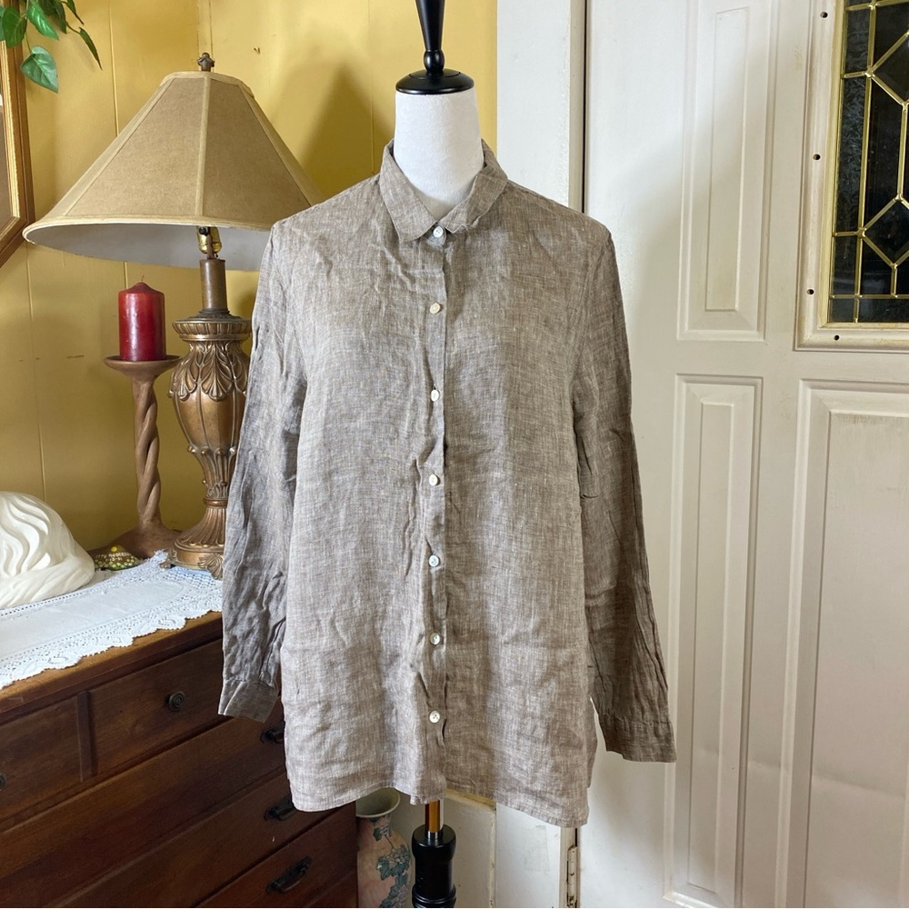 J.Jill Love Linen Essential Shirt Button Front Brown 100% Linen Size XL